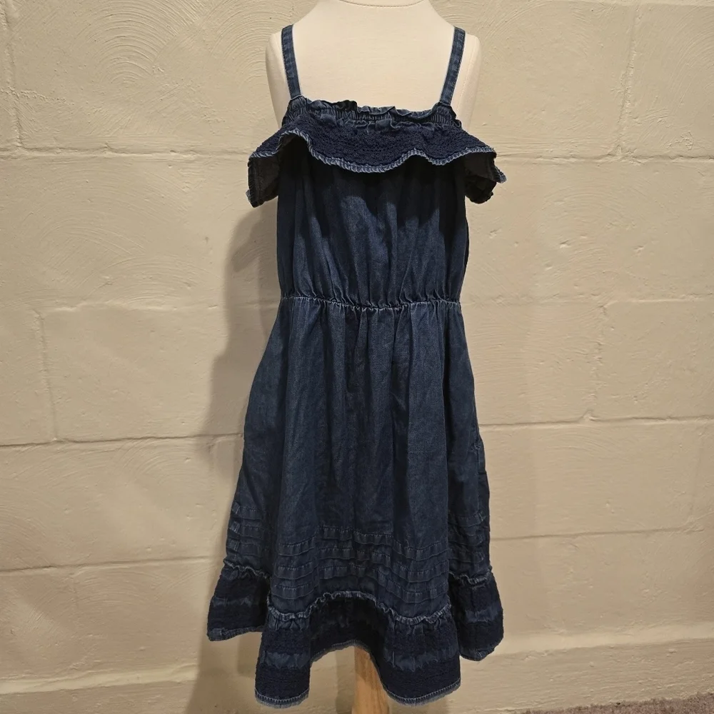 GAP KIDS GIRLS BLUE DENIM DRESS W /RUFFLES - SZ LARGE